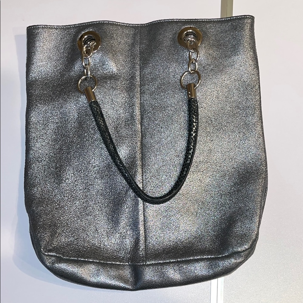 Cynthia Rowley leather metallic Silver/grey tall Tote shoulder Bag